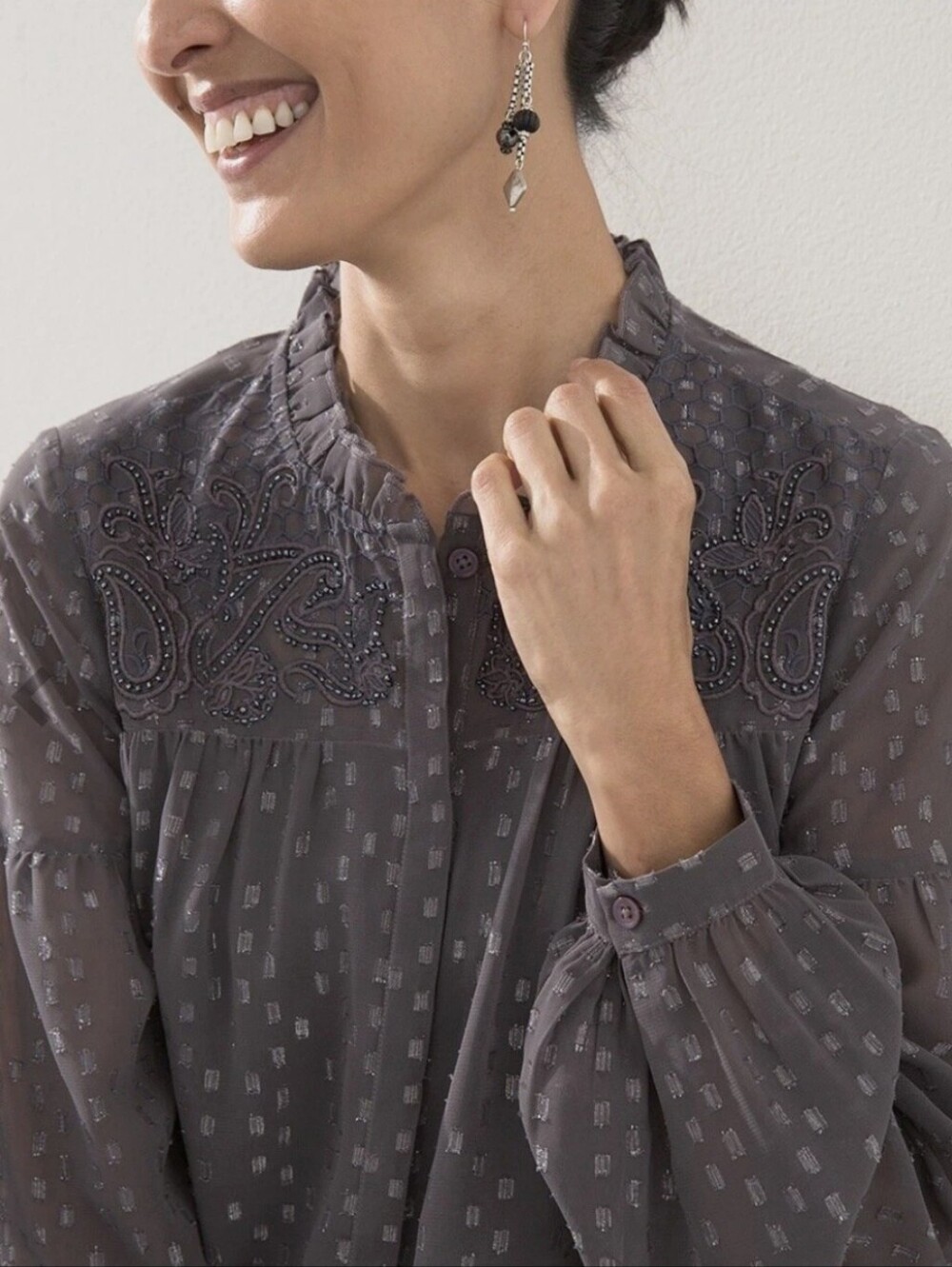 Chico's Grey & Silver Metallic Semi Sheer Embellished Peasant Blouse Size 4